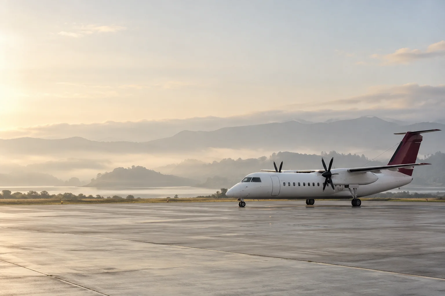A small unbranded white regional turboprop aircraft with a muted burgundy tail at a quiet modest airport, broad empty concrete apron and misty distant landscape.