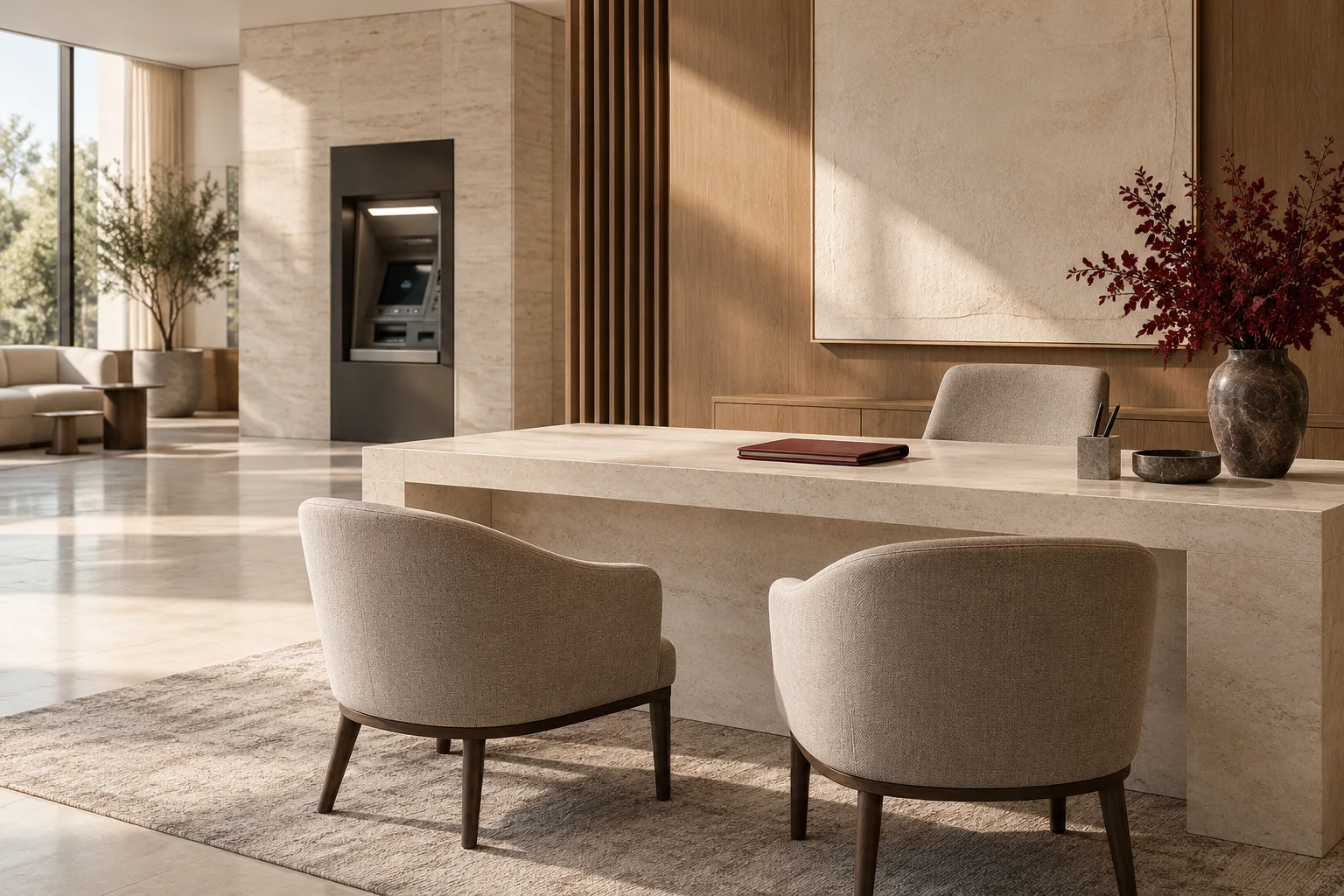 A contemporary bank branch with a consultation desk and a recessed self-service terminal.
