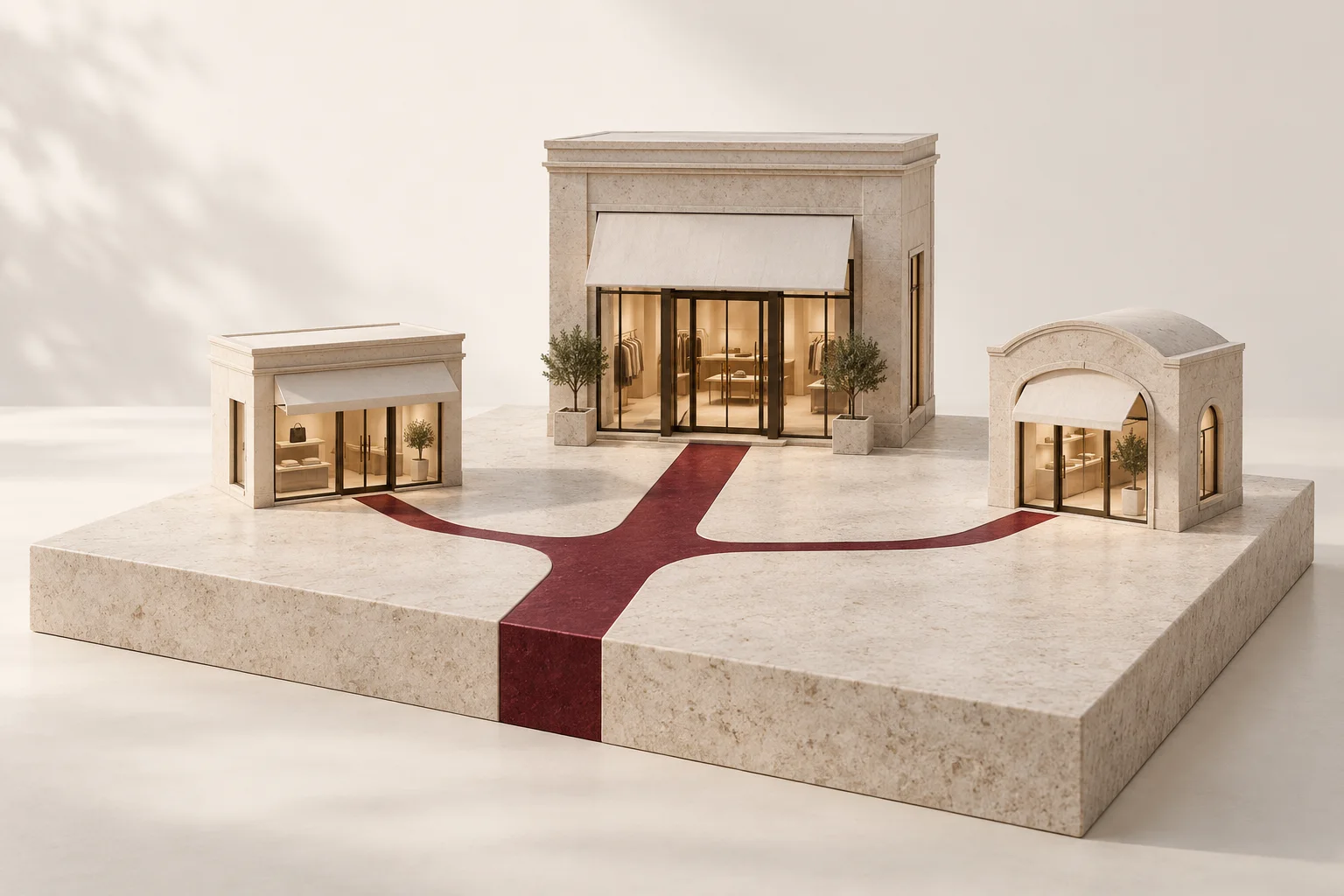 Three retail storefront models connected by a burgundy route.
