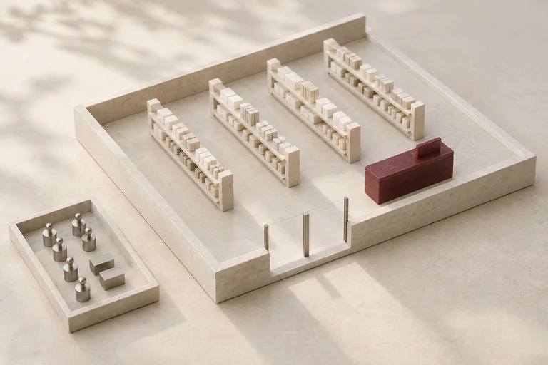 A store planning model with merchandise shelves and movable resource counters.