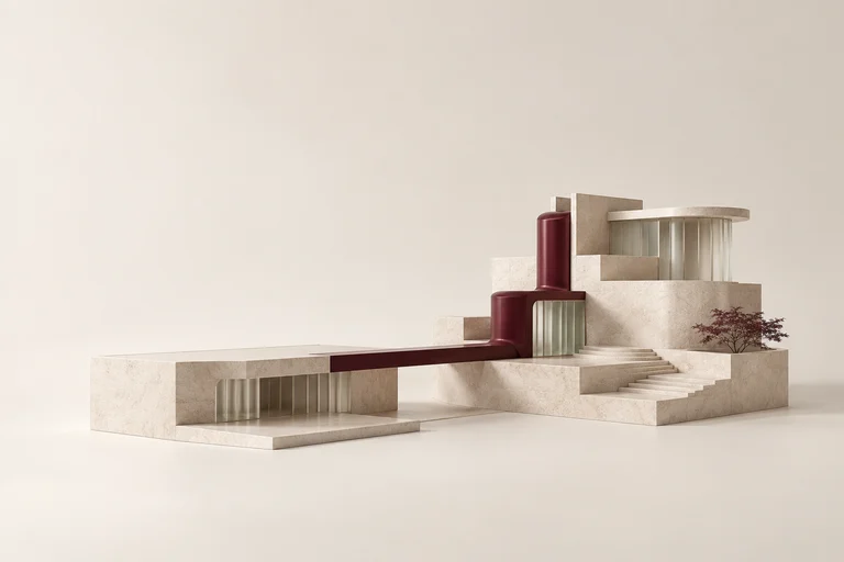 A burgundy spine connects a low stone platform to a new tiered structure.