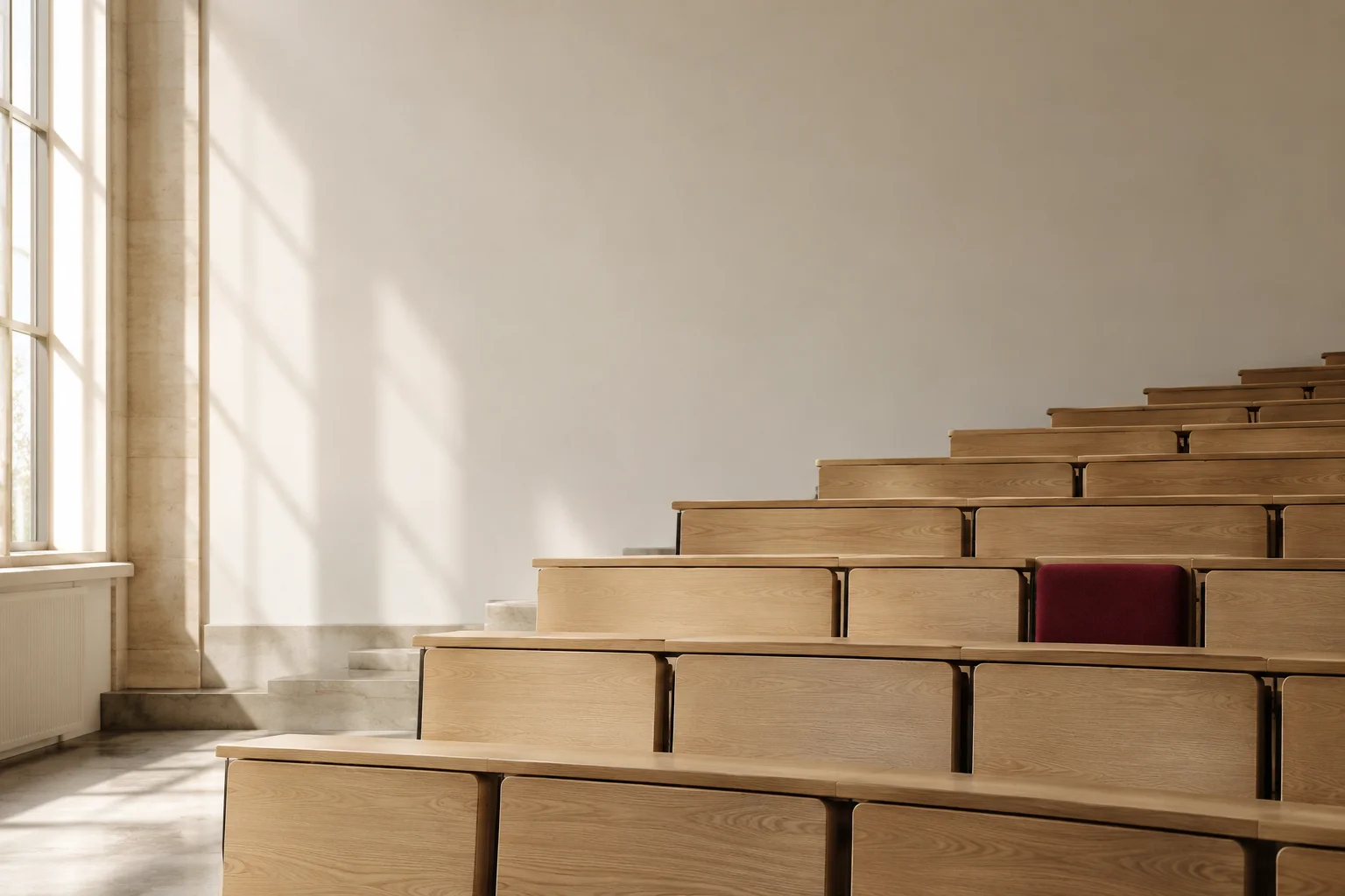 A quiet contemporary lecture room with one burgundy upholstered seat among light oak benches, wide pale wall and calm daylight, no writing or people.