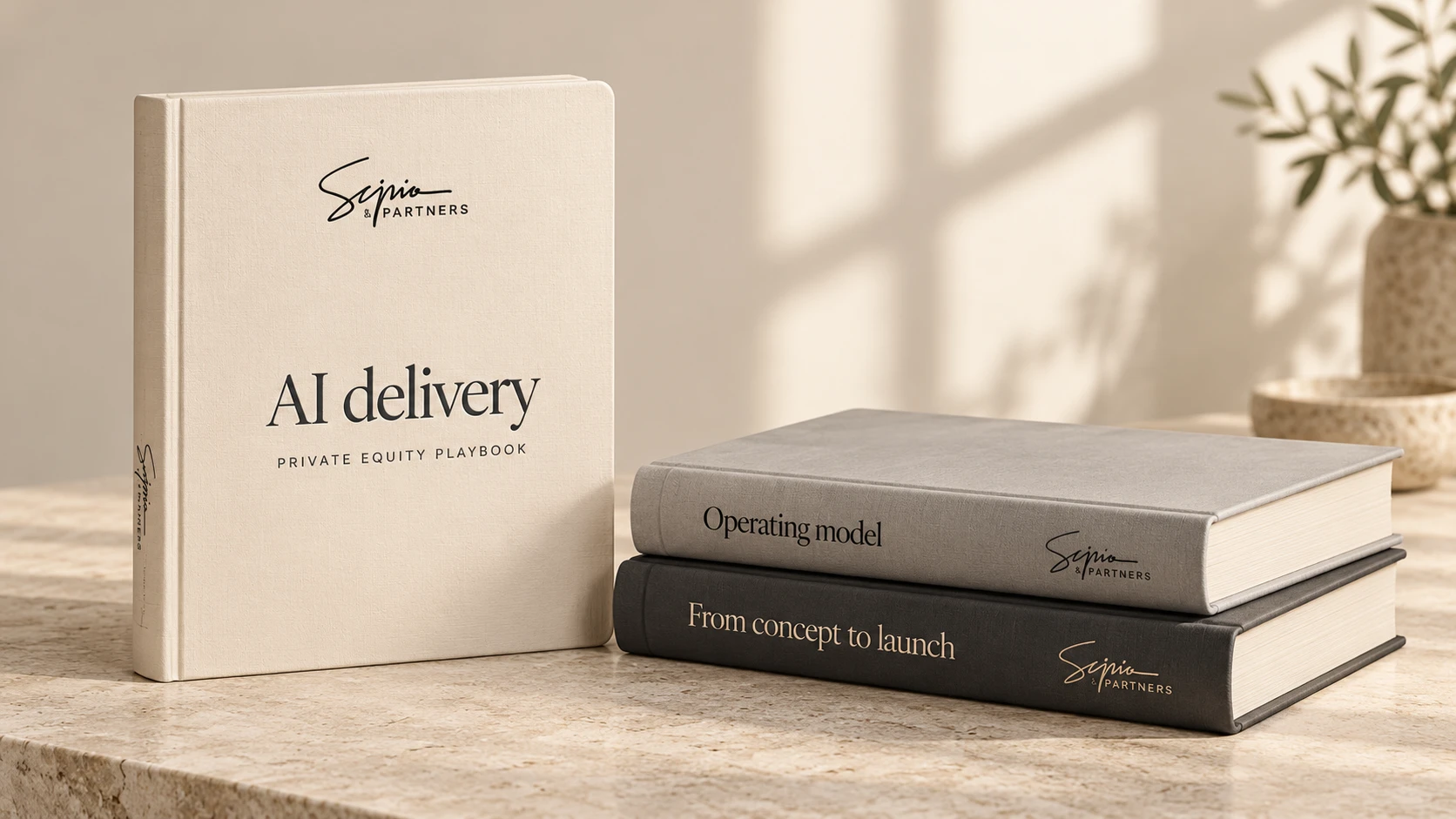 Three Scipio & Partners hardcover playbooks with rounded corners: AI delivery in ivory cloth, Operating model in stone grey and From concept to launch in graphite.