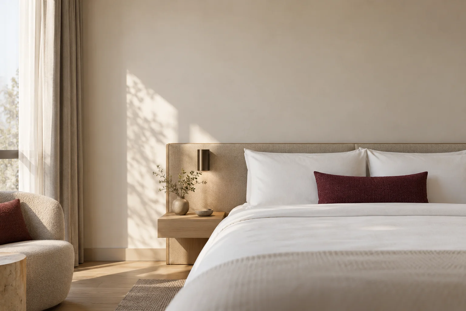 A beautifully simple compact hotel room with crisp ivory bedding, a small burgundy lumbar cushion and a pale timber bedside ledge, broad uncluttered wall.