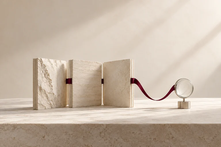 Three upright stone folios connected by a burgundy ribbon to a glass lens.