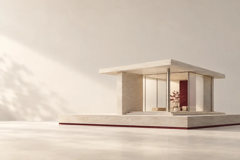 A pale-stone pavilion presented on a low plinth with a burgundy reveal.