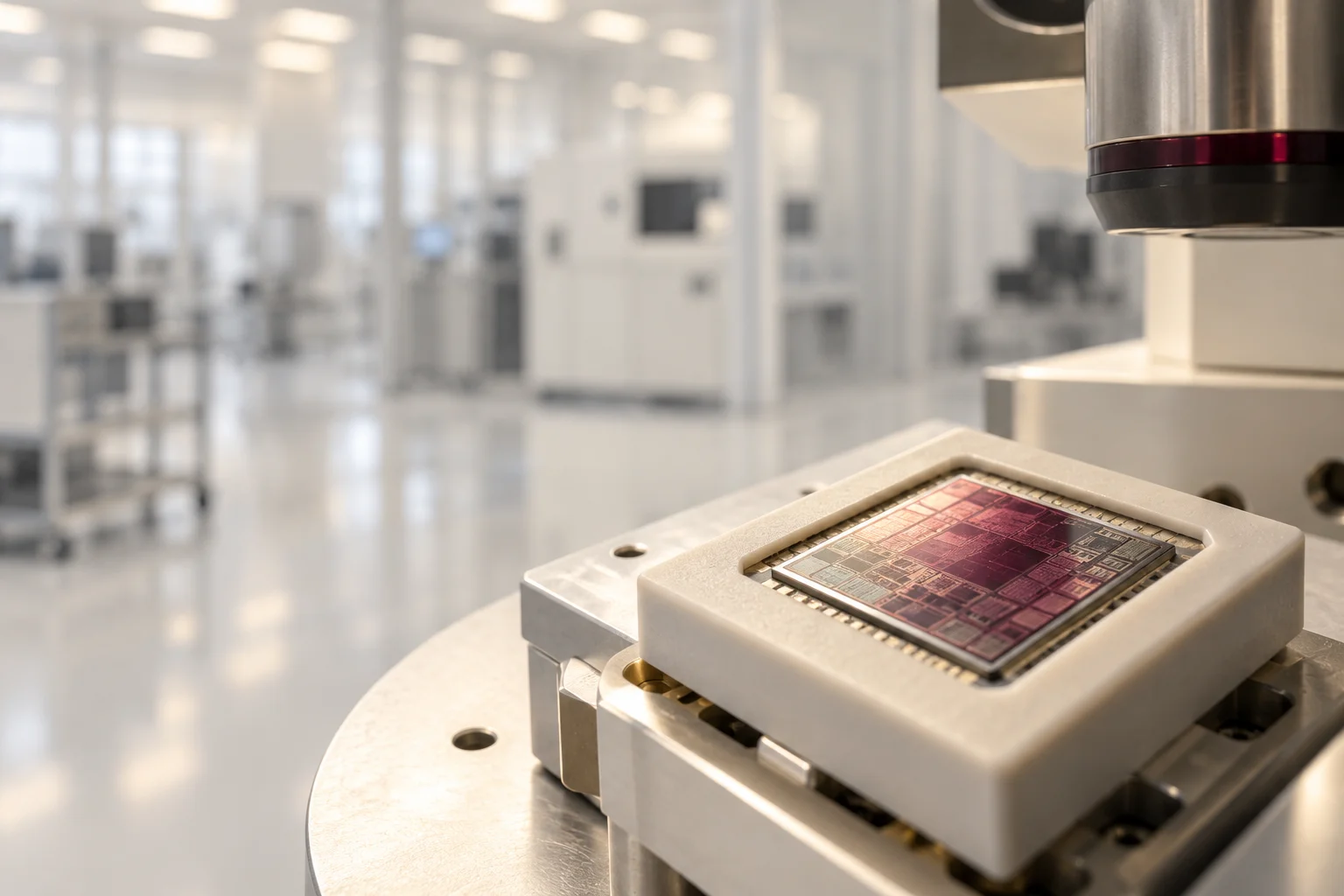 A small square semiconductor die in a precise ceramic carrier on a pale laboratory stage, a restrained natural burgundy reflection on its etched surface, vast soft cleanroom background.