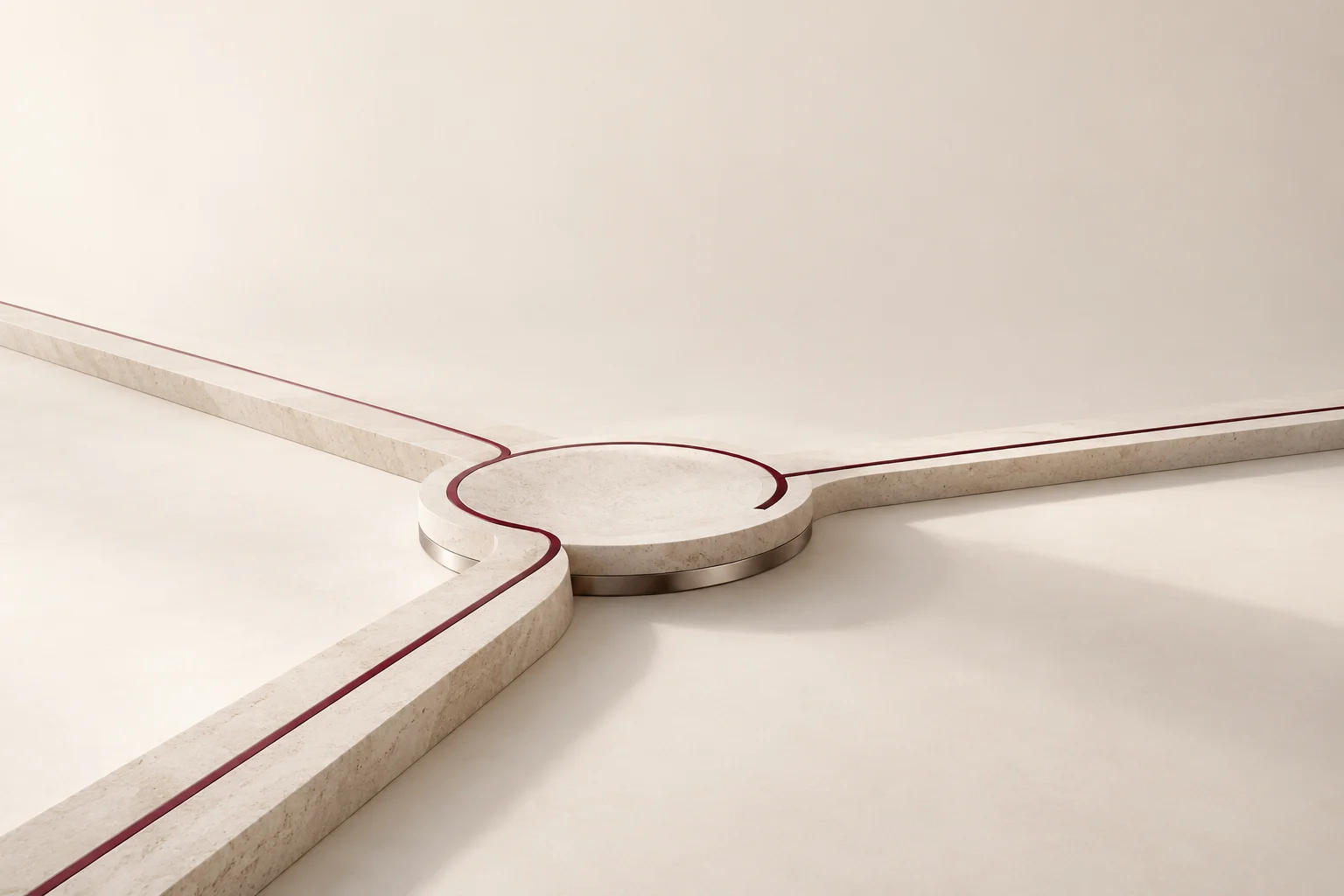 Three pale-stone paths meet at a circular platform, traced by a burgundy line.