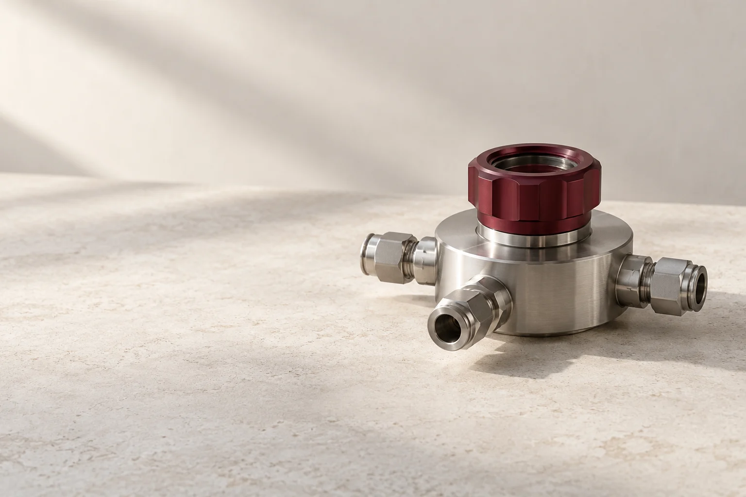 A metal distribution manifold with a burgundy central coupling.