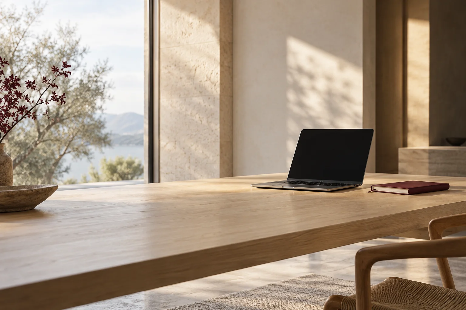 A single open premium unbranded laptop with an entirely dark screen on the far end of a wide pale oak studio desk, a burgundy notebook beside it, broad quiet architectural space.