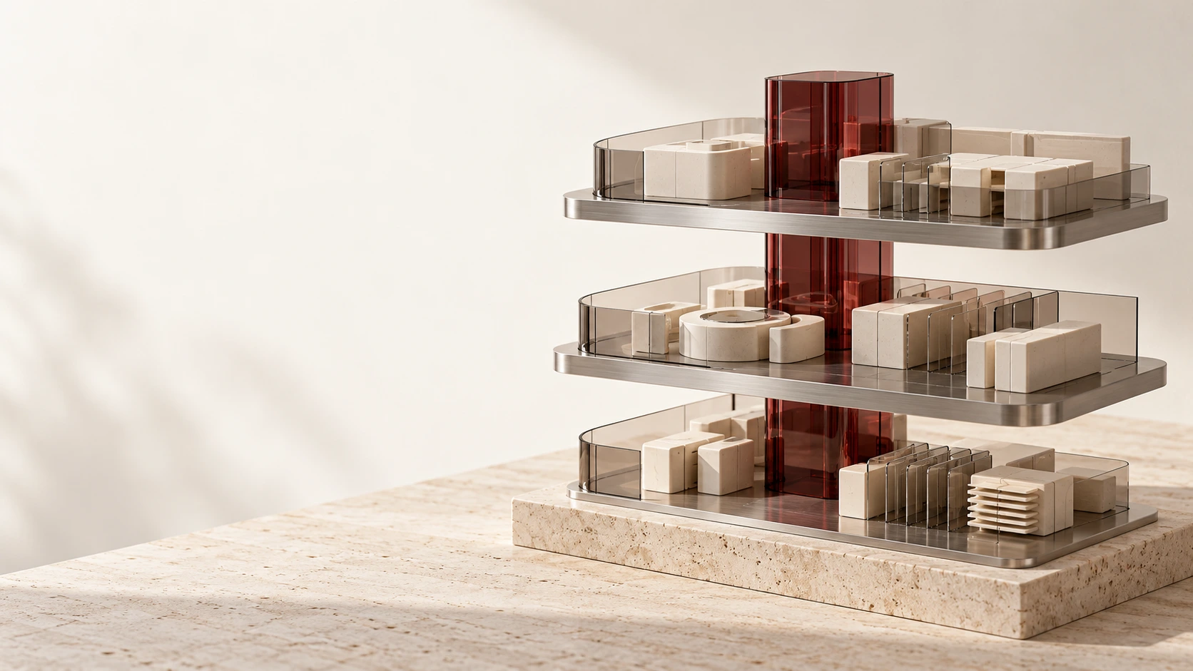 An architectural model with three open levels connected by a burgundy glass spine, with modular components arranged across each level.