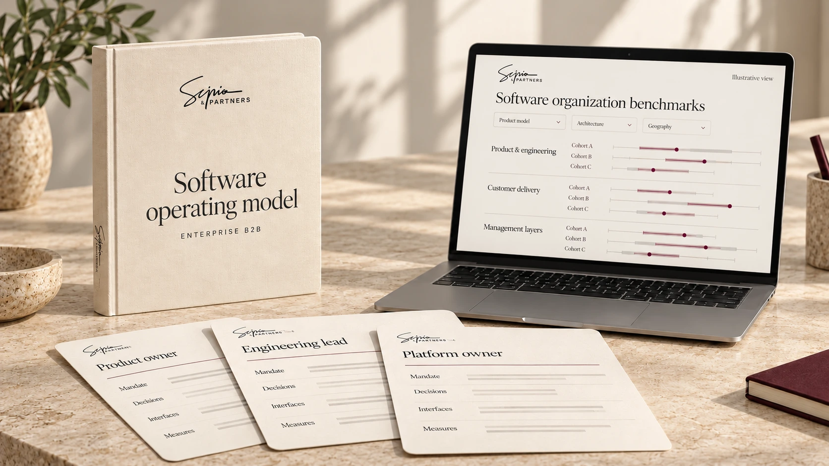 Scipio enterprise B2B software operating-model hardcover, product owner, engineering lead, and platform owner role charters, and an unbranded laptop showing an illustrative organization-benchmark interface.