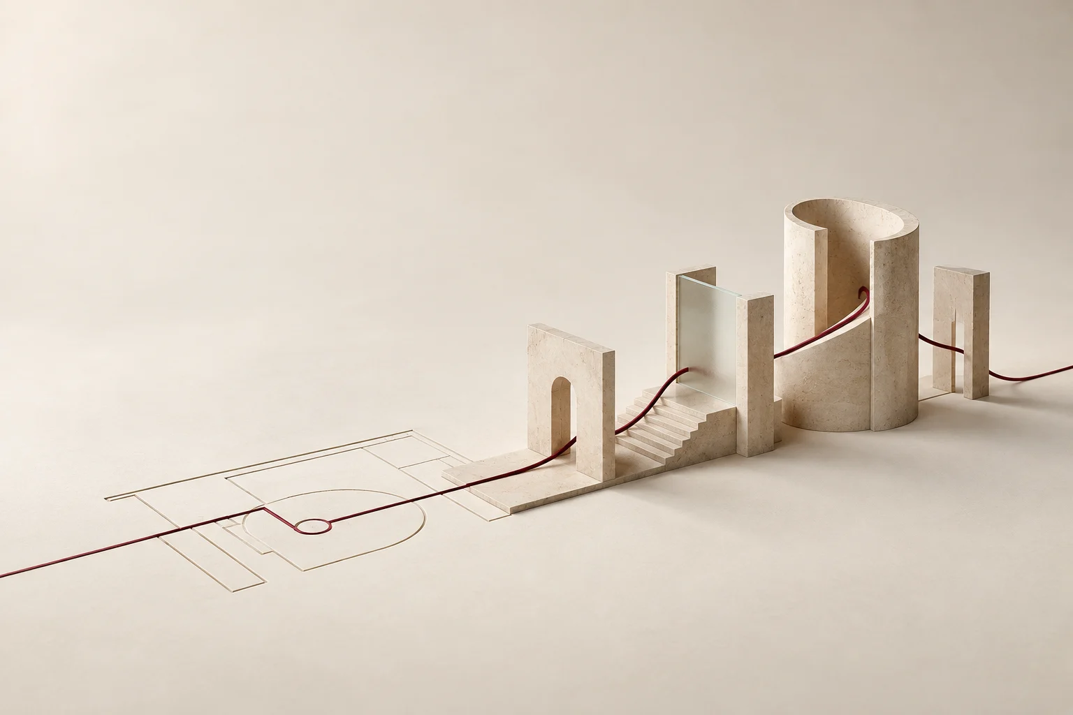 A fine burgundy route connects a flat plan with upright architectural structures.