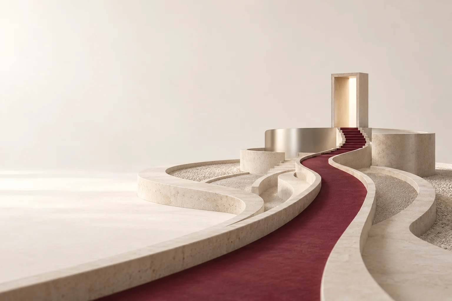 A burgundy path leads between curved limestone terraces to a tall opening.