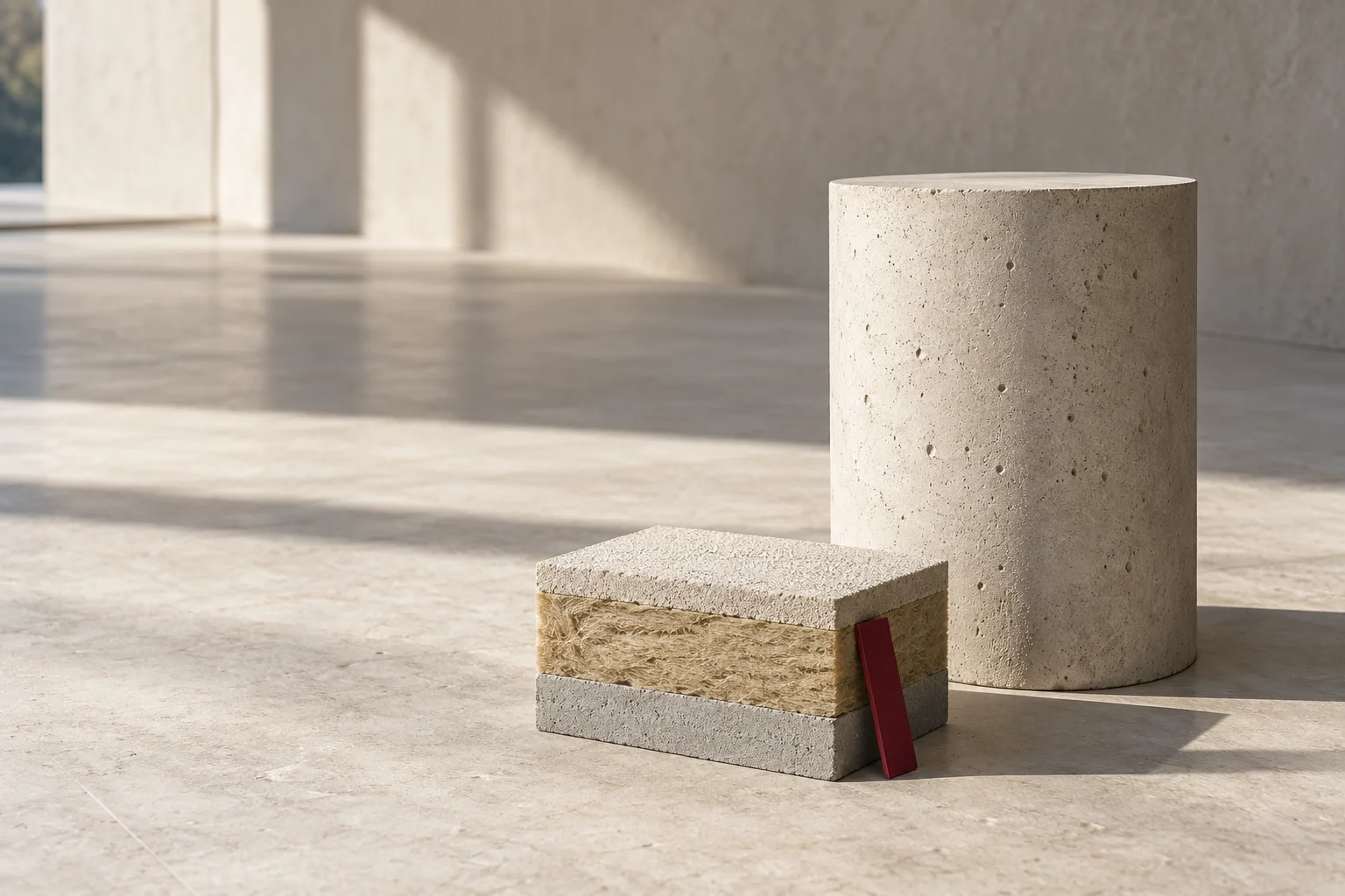 A precise architectural still life of a pale concrete cylinder and a small layered insulation block on an expansive light floor, one narrow burgundy calibration tab.