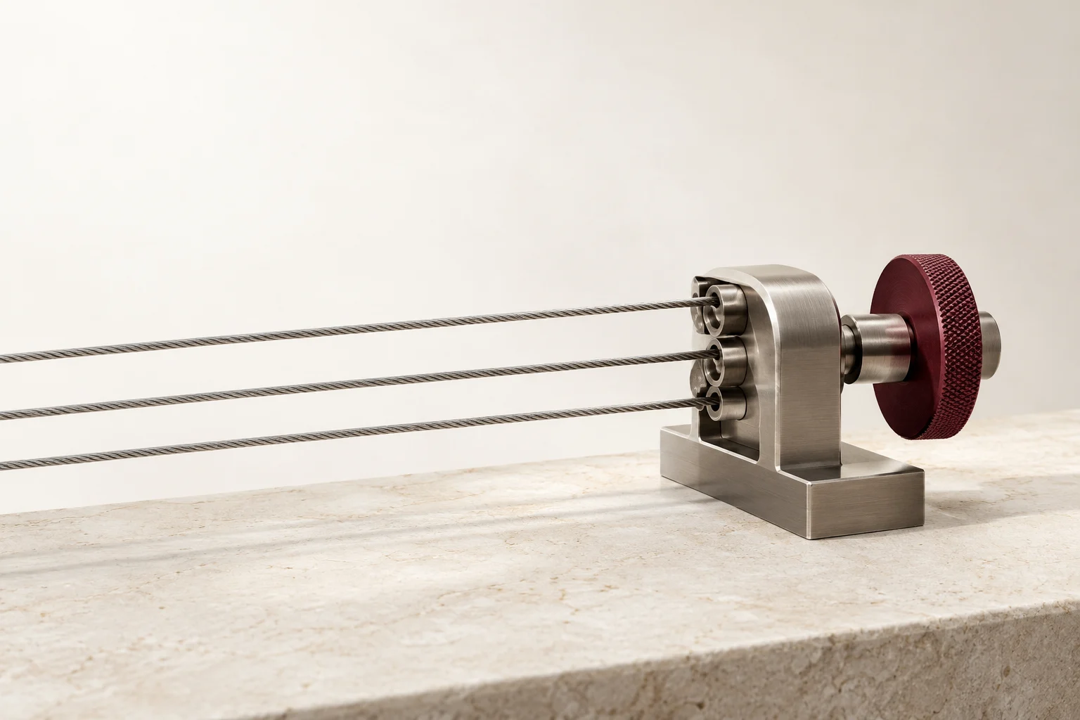 A precision tensioning assembly with three steel cables and a burgundy adjustment wheel.
