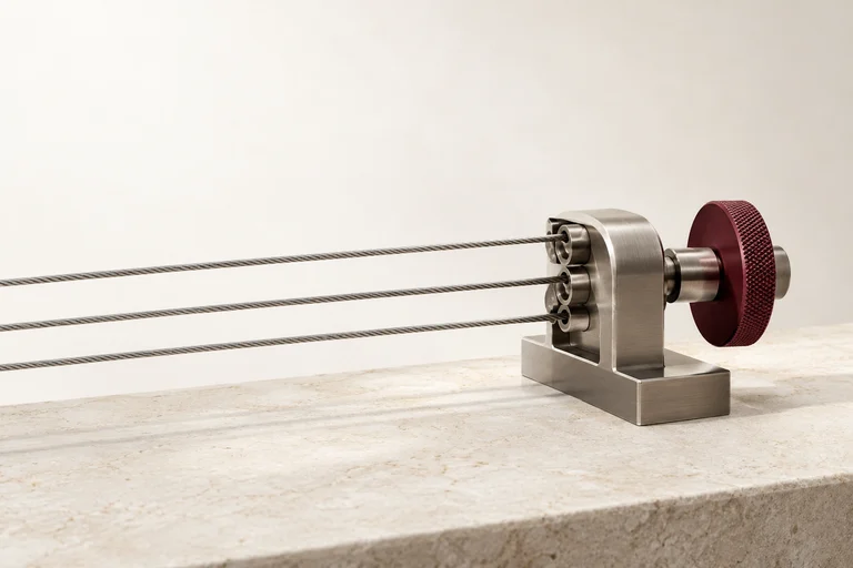 A precision tensioning assembly with three steel cables and a burgundy adjustment wheel.