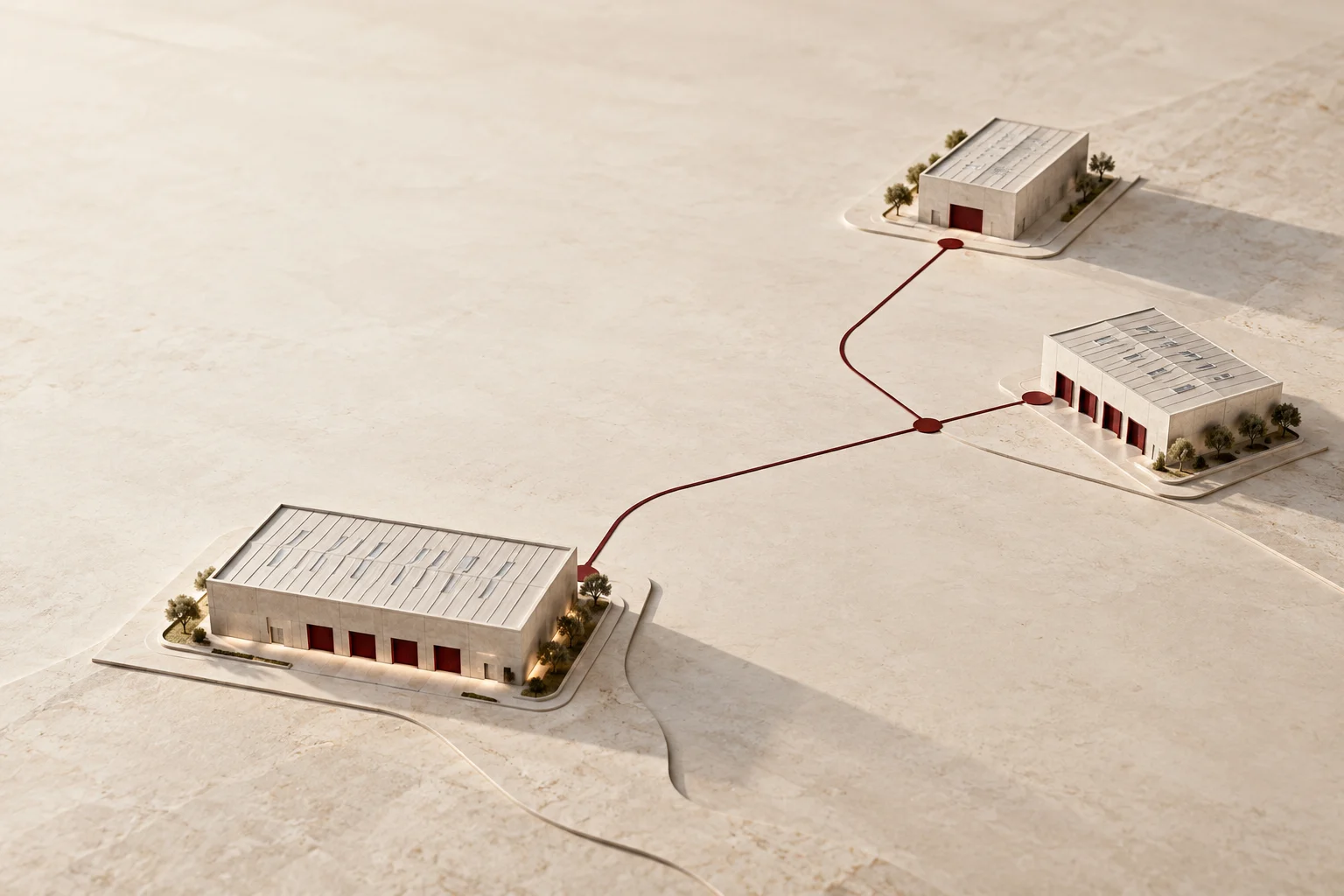 Three warehouse models connected by burgundy routes on an ivory base.
