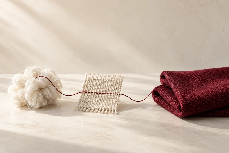 Raw fiber, woven fabric and a finished textile connected by one burgundy thread.