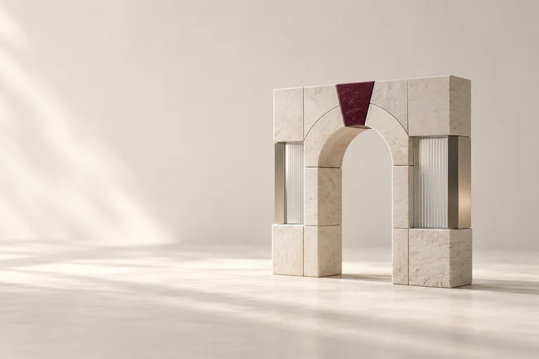 A precisely fitted stone arch is completed by a burgundy keystone.