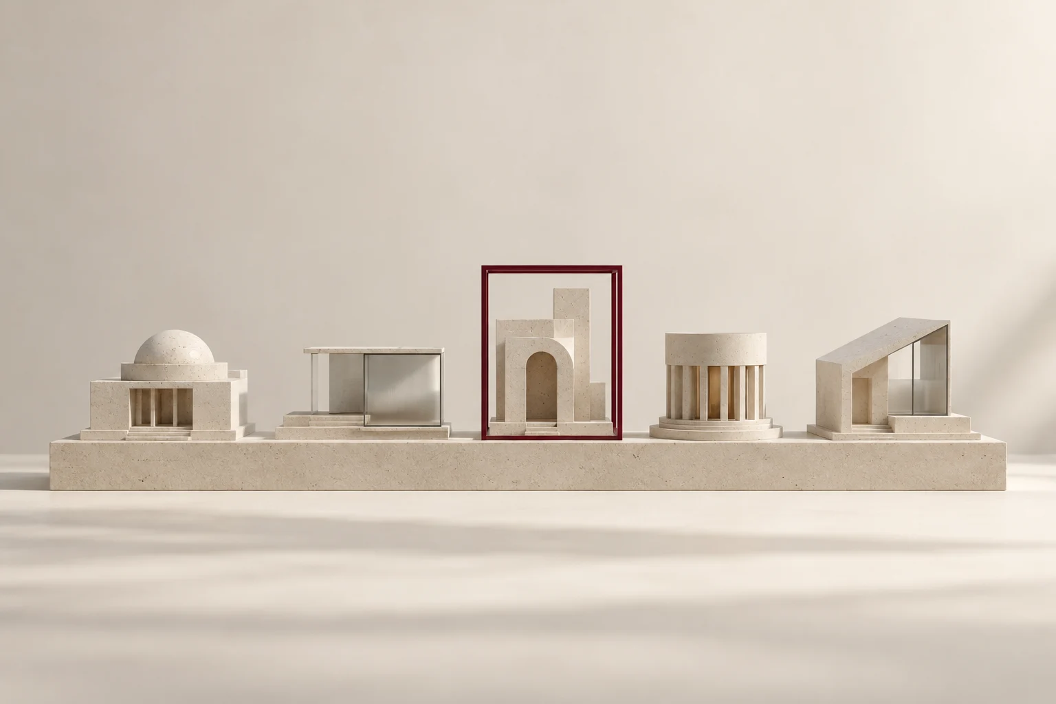 A narrow burgundy frame selects one of several small architectural models.