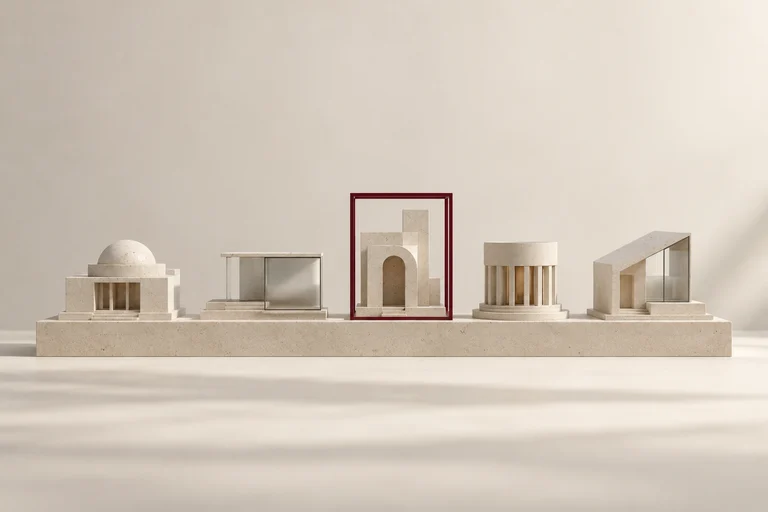A narrow burgundy frame selects one of several small architectural models.