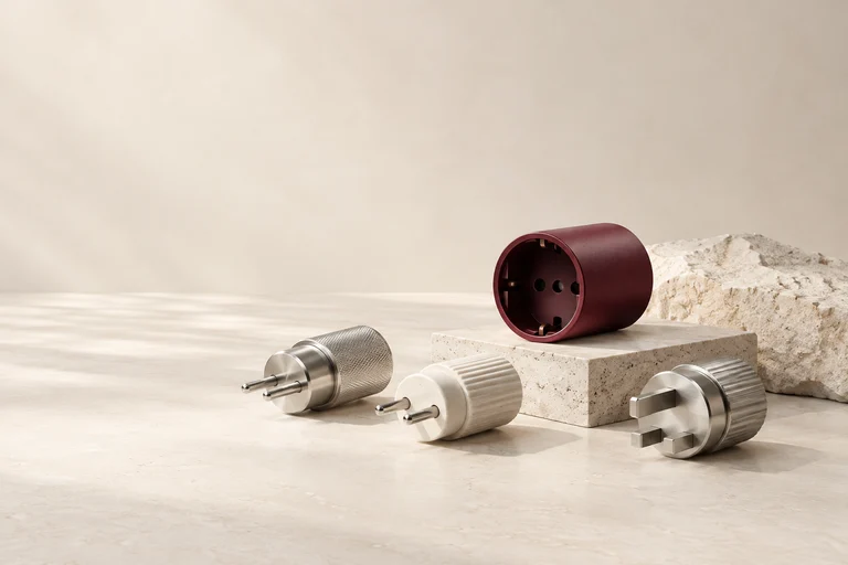 Three different metal and ceramic connectors sit beside a burgundy socket.