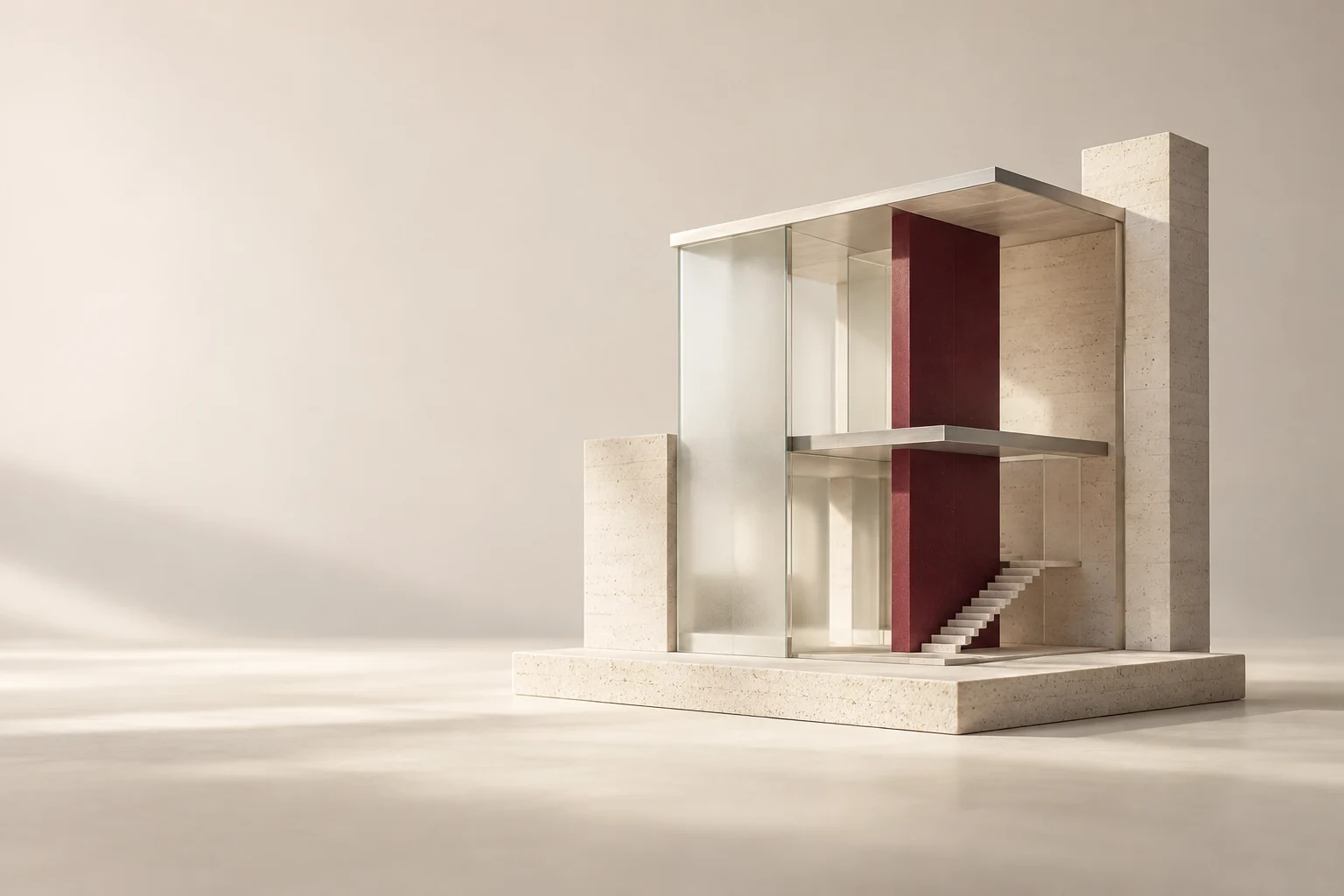 An architectural cutaway exposes glass floors and a burgundy internal support.