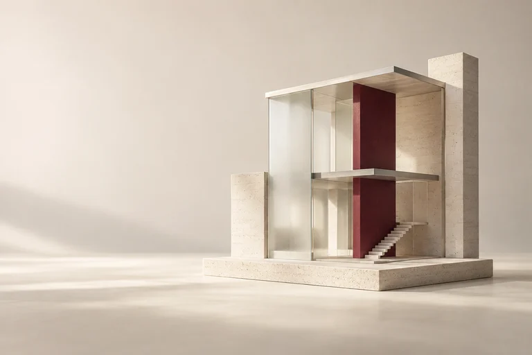 An architectural cutaway exposes glass floors and a burgundy internal support.