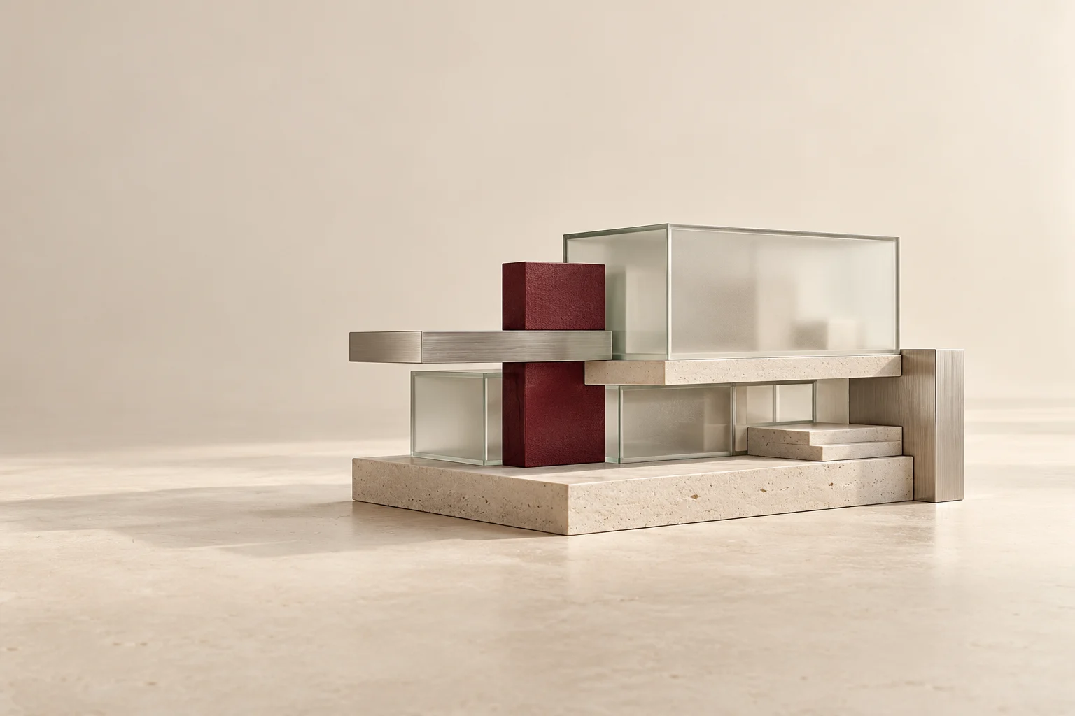 A modular stone and glass structure with a burgundy central component.