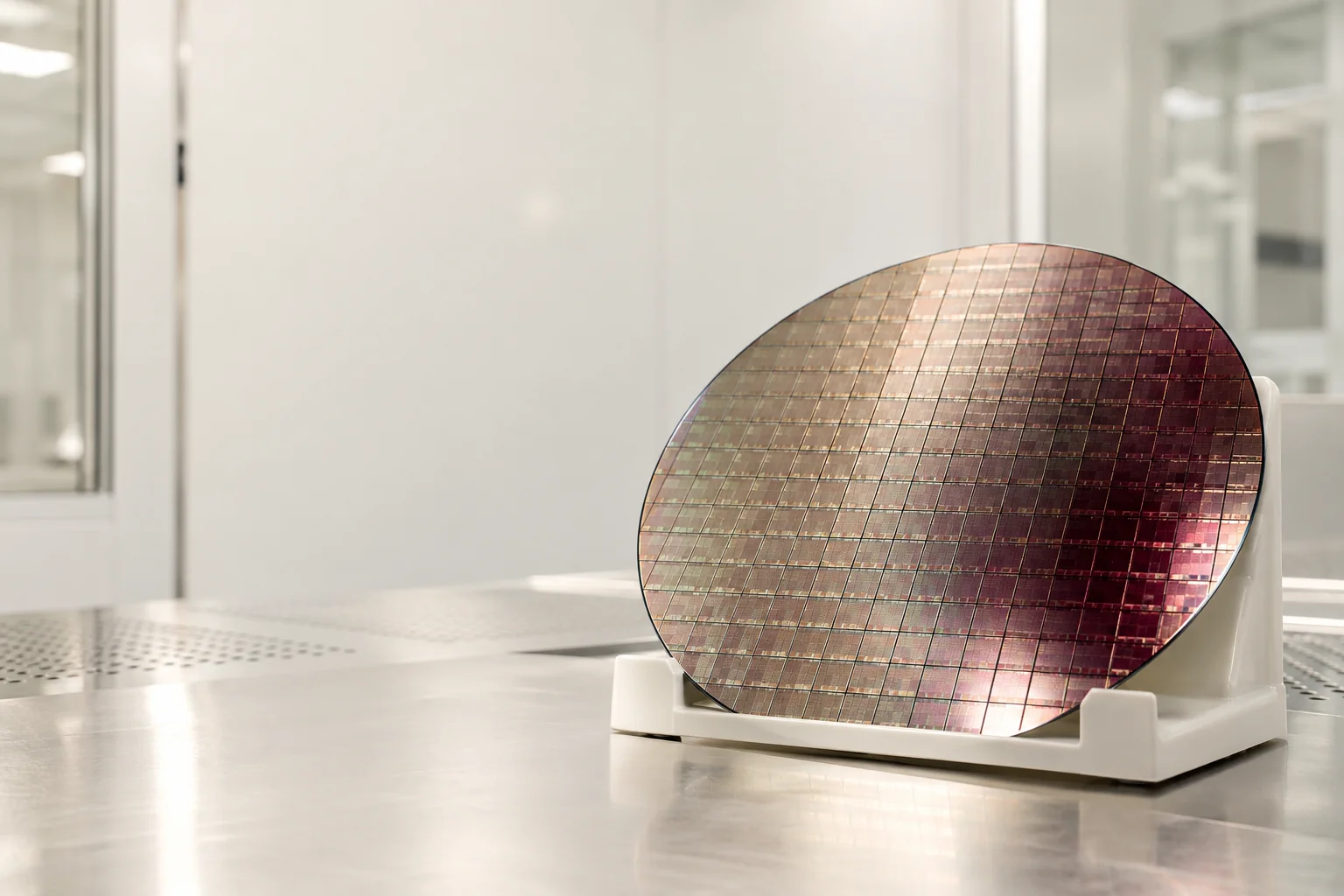 A semiconductor wafer with a burgundy reflection in a pale fabrication setting.