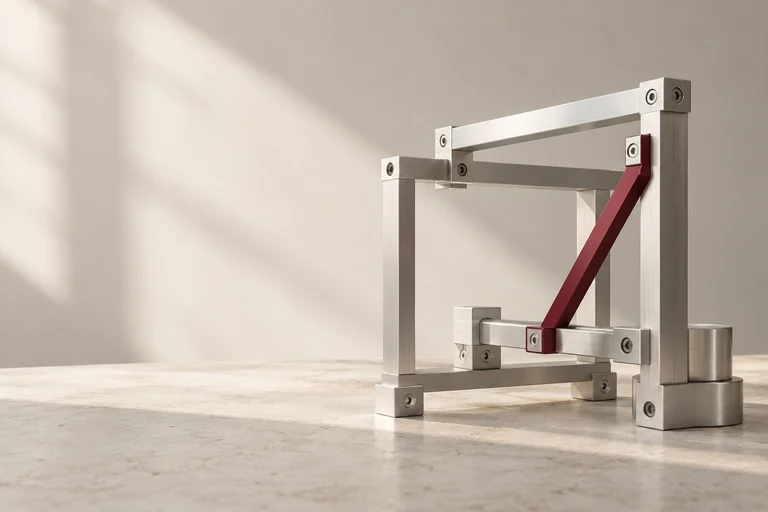 A modular aluminum frame with precisely fitted components and one burgundy connecting brace.