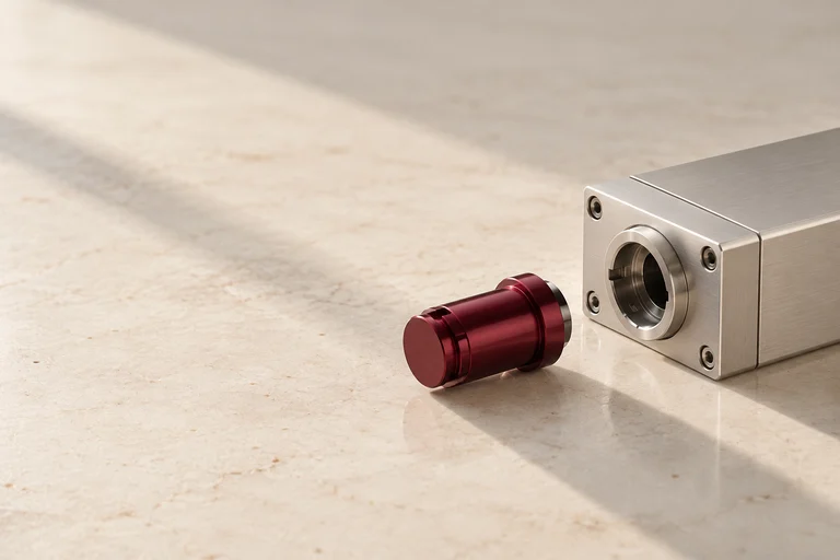 A burgundy precision component aligned beside its matching socket in a brushed-metal assembly.
