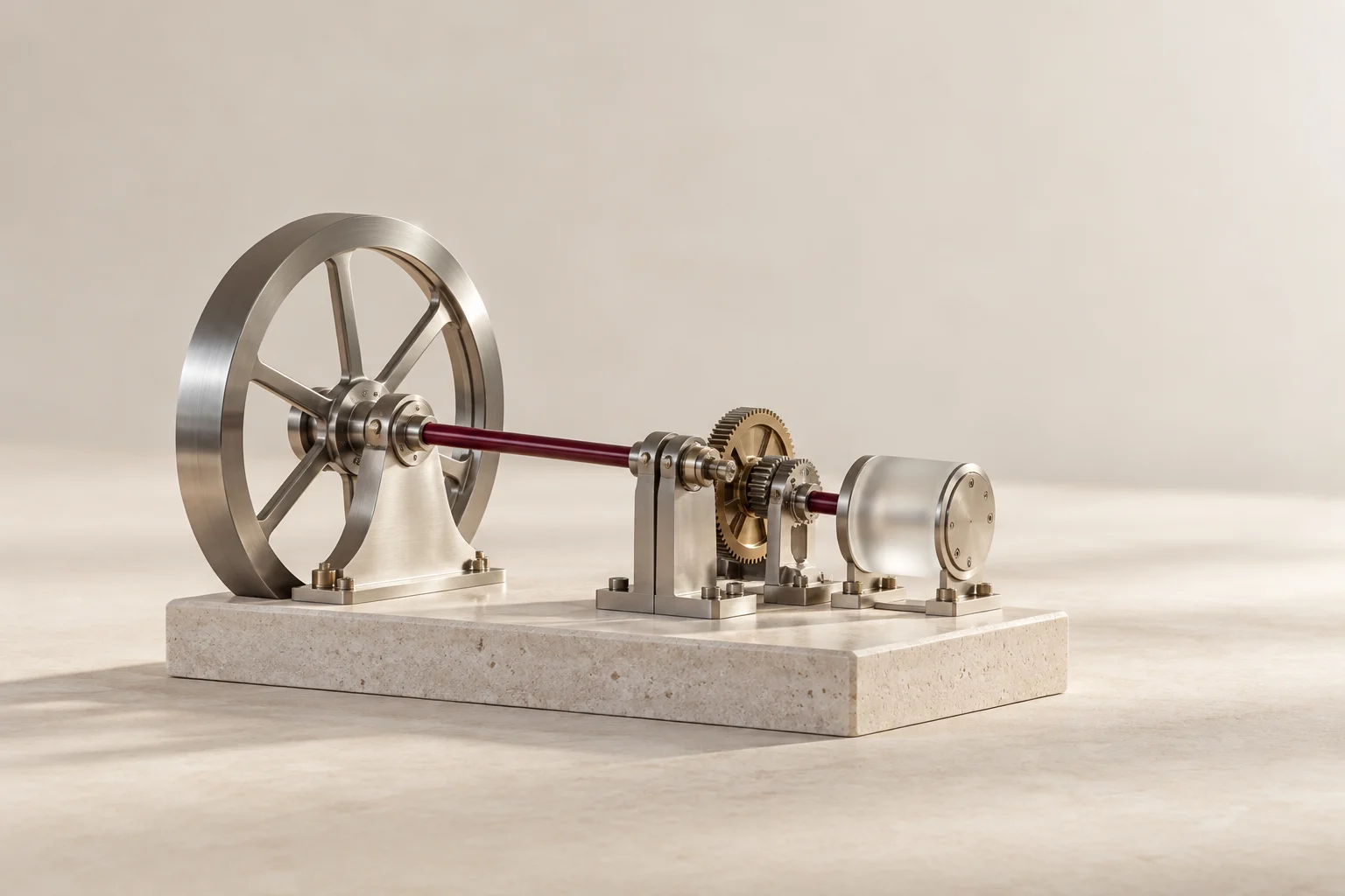A brushed-steel mechanism drives a burgundy shaft on a stone base.