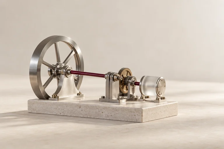 A brushed-steel mechanism drives a burgundy shaft on a stone base.