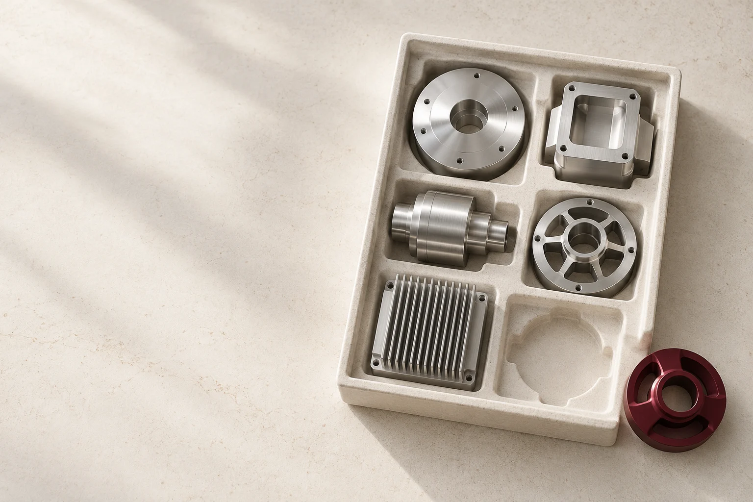 Different machined metal components arranged in fitted compartments, with one burgundy part beside an open space.