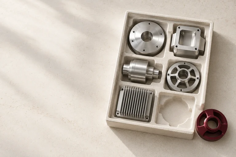 Different machined metal components arranged in fitted compartments, with one burgundy part beside an open space.