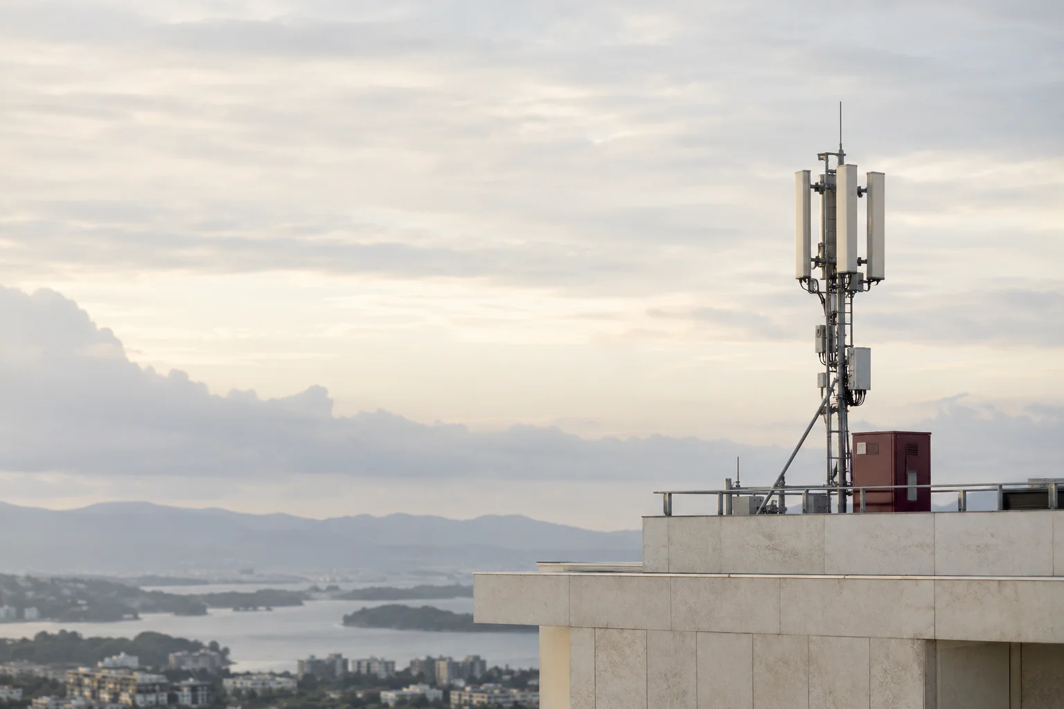 A slender real telecom antenna installation on a distant pale rooftop with a small burgundy maintenance cabinet, expansive soft overcast sky and quiet geometry.