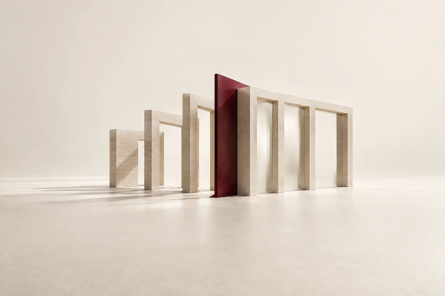 Pale architectural frames align around a single burgundy plane.