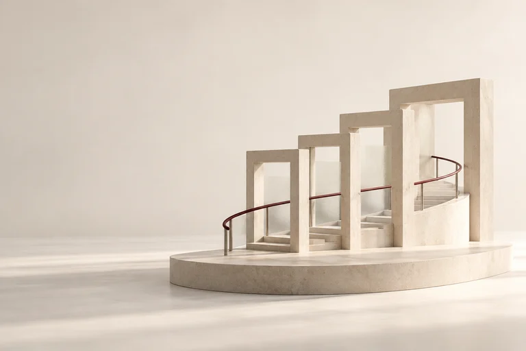 A burgundy handrail passes through a sequence of pale stone frames.