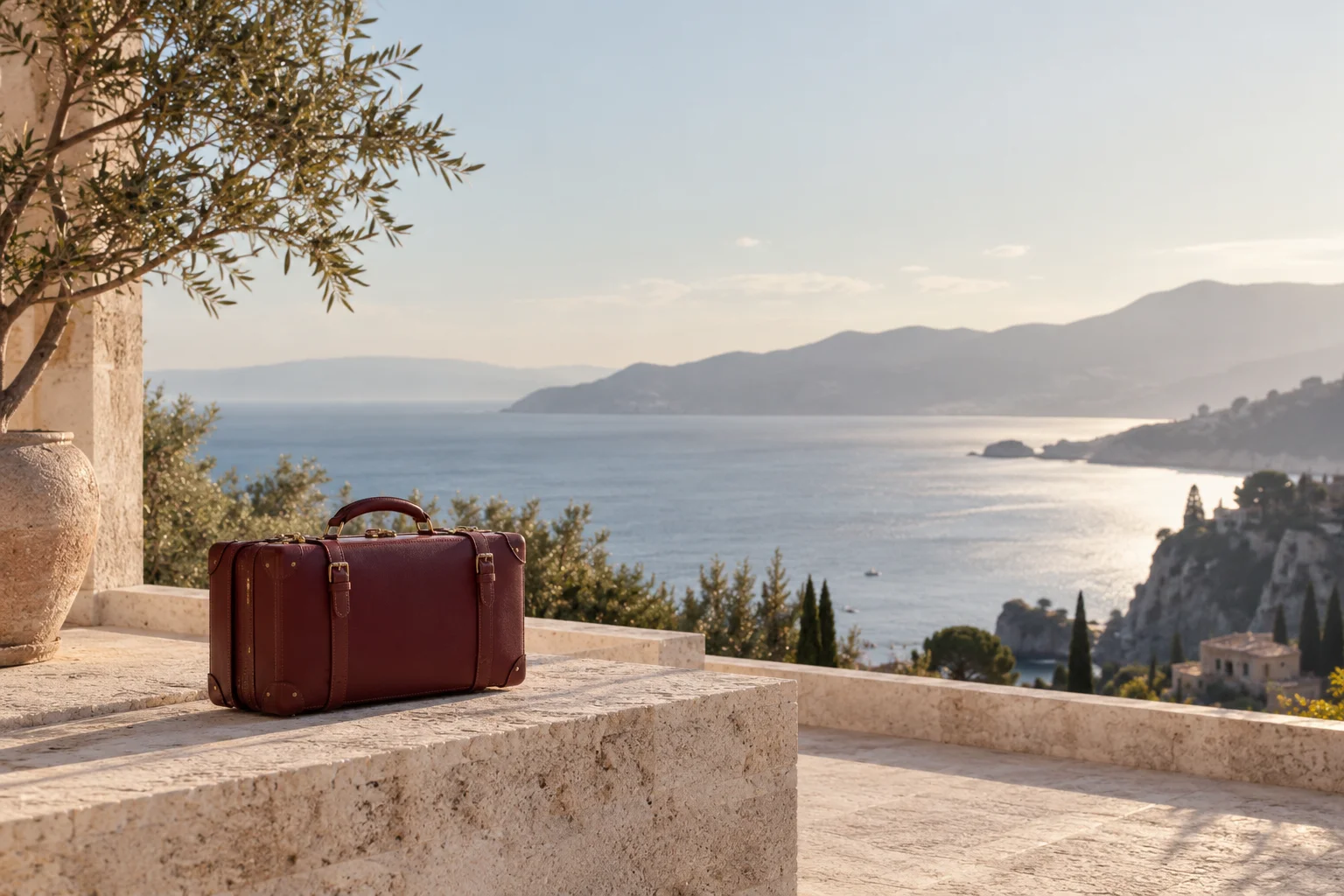 A single small burgundy leather travel case on a pale stone terrace with a distant quiet coastal landscape, no people or labels, understated travel editorial.