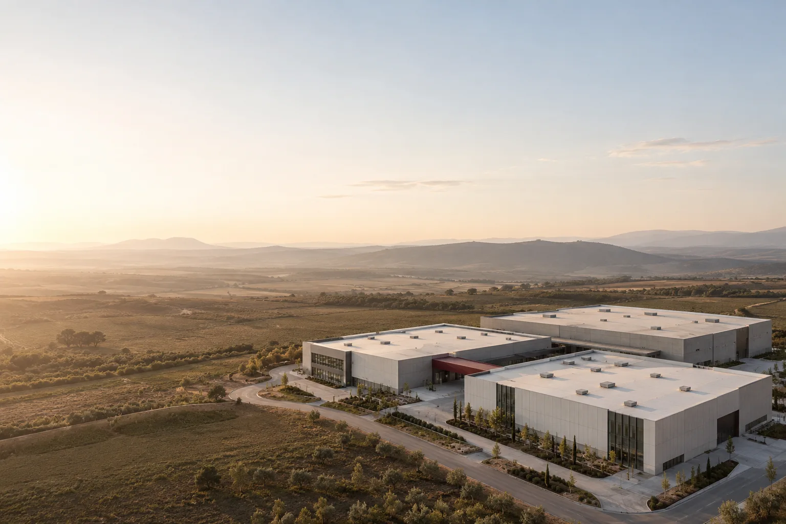 A multi-building production campus with a burgundy canopy and a broad open horizon.