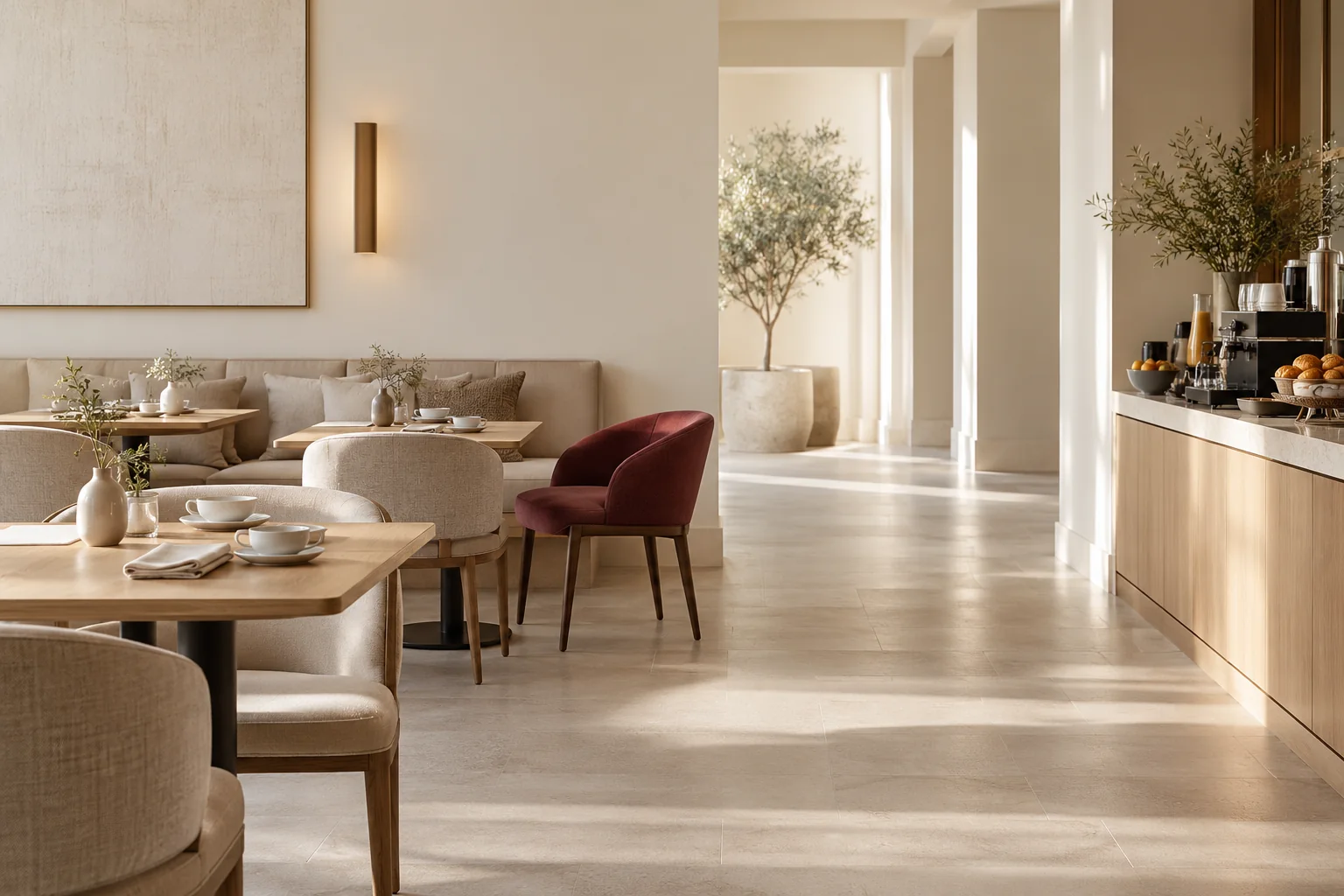 A welcoming upper-midscale hotel breakfast lounge, simple pale oak tables and tidy coffee station at the far right, one restrained burgundy upholstered chair, ample uncluttered warm ivory architecture.