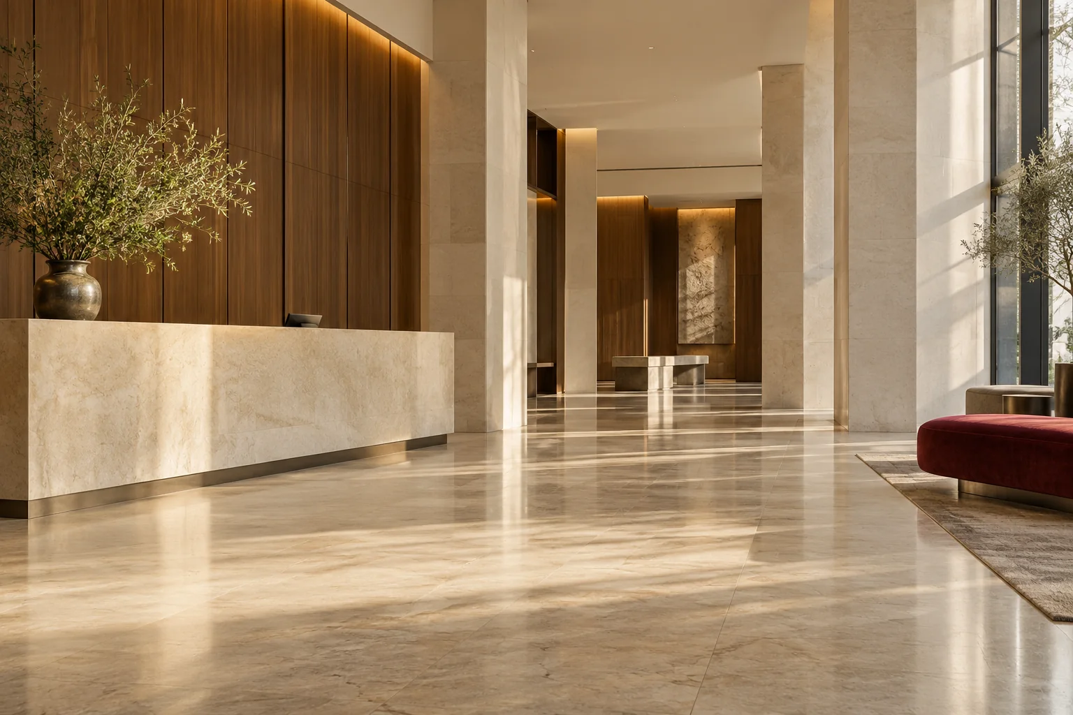 A sophisticated upper-upscale city hotel lobby, warm pale stone reception, refined timber panels and a single deep burgundy velvet bench at the right edge, large uncluttered architectural volume.