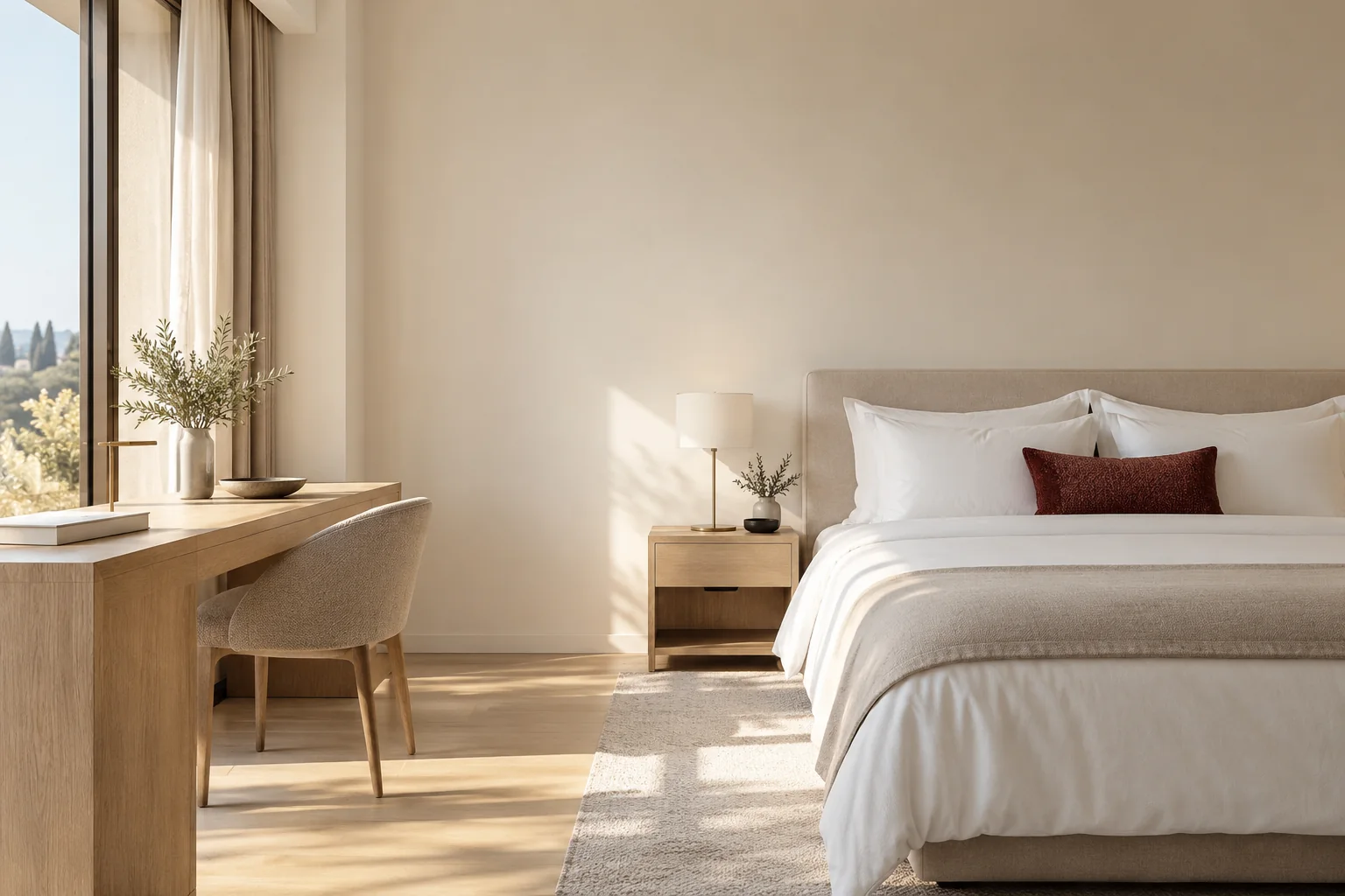 A contemporary upscale business hotel guest room with light oak work desk and neatly made white bed, one small burgundy woven cushion, spacious sunlit ivory wall and quiet practical elegance.