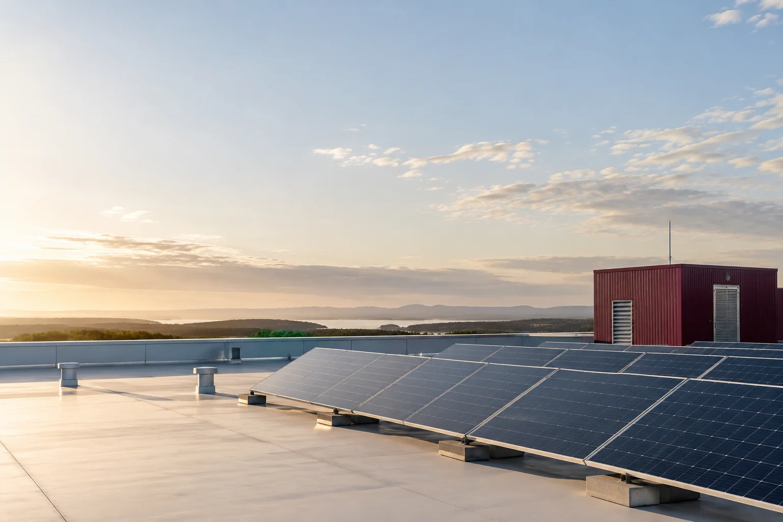 A small cluster of elegant real solar panels on an expansive pale industrial roof, one burgundy service enclosure at the edge, soft light and open sky.