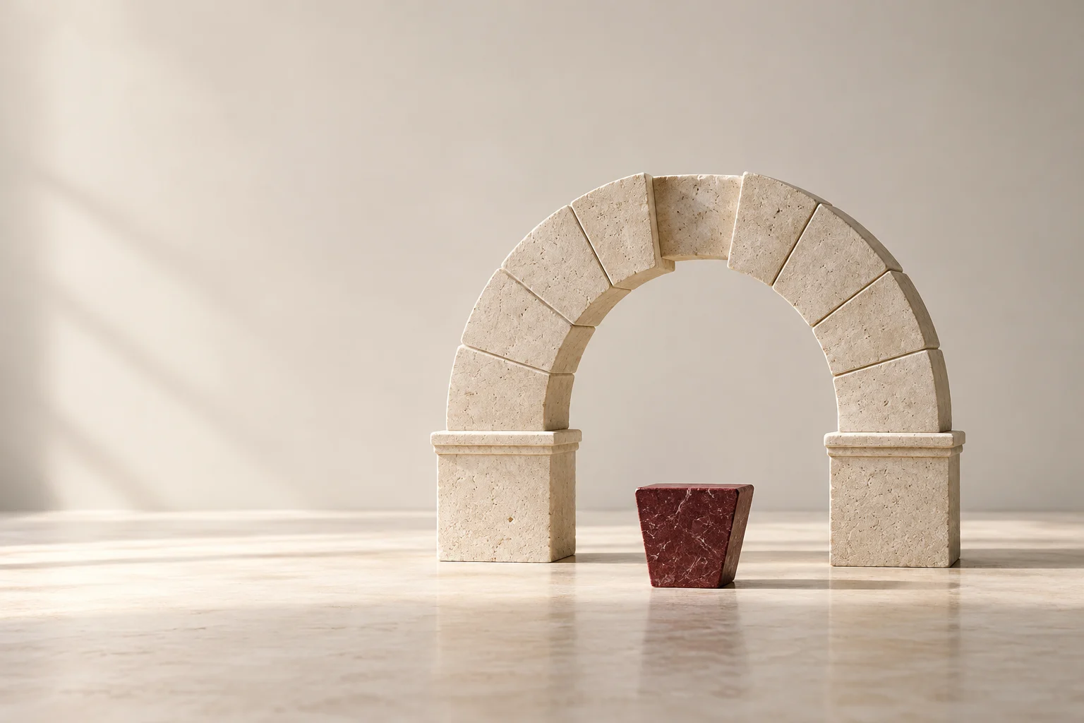 A limestone arch with a burgundy keystone resting in the foreground.