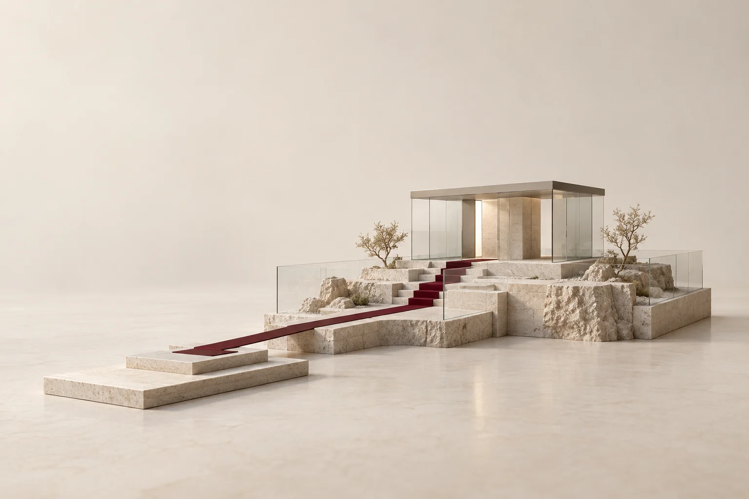A burgundy path crosses a stepped stone model toward a glass pavilion.
