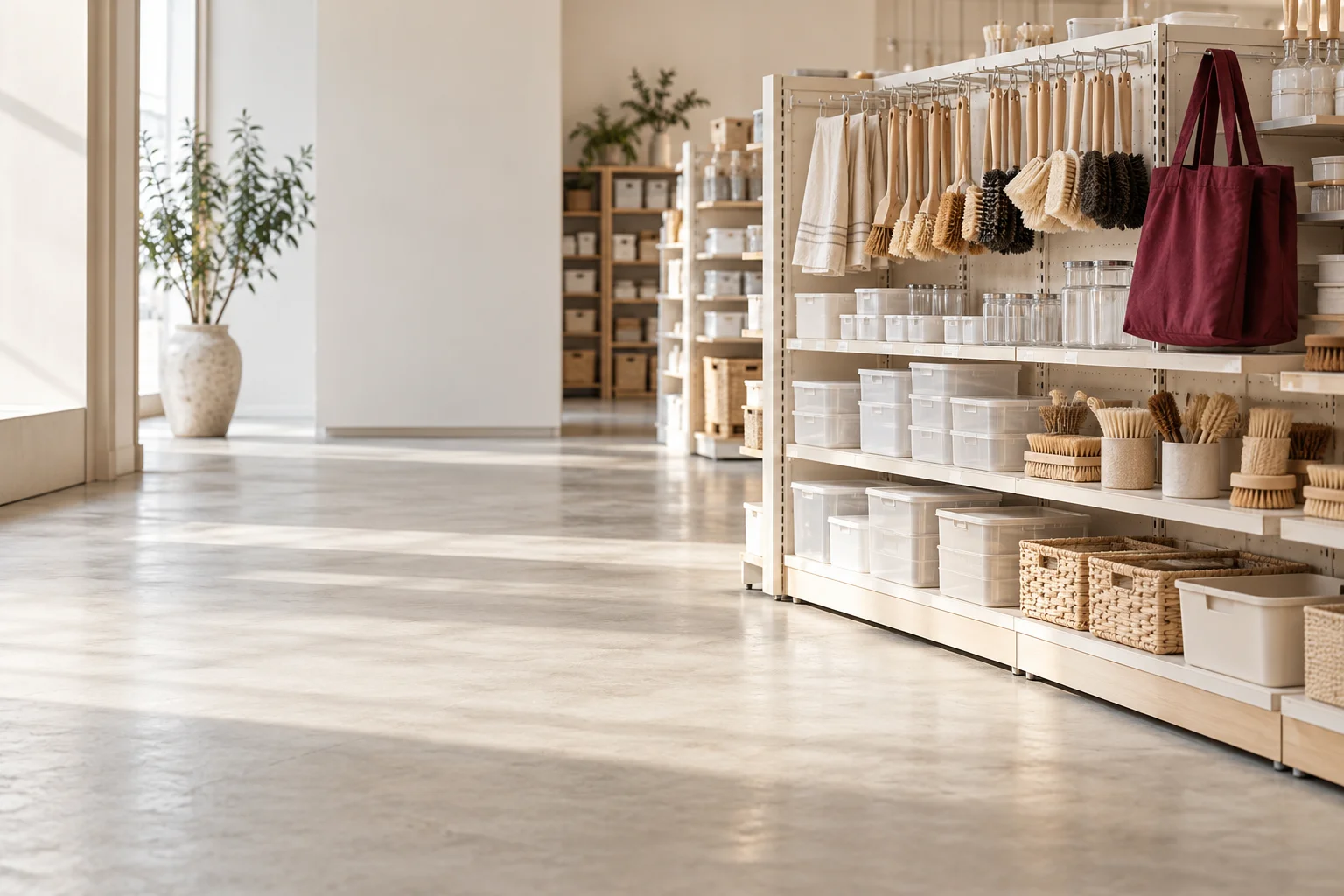 An orderly compact variety-store display of unbranded household brushes, simple storage containers and one burgundy reusable tote, vast quiet pale aisle foreground.