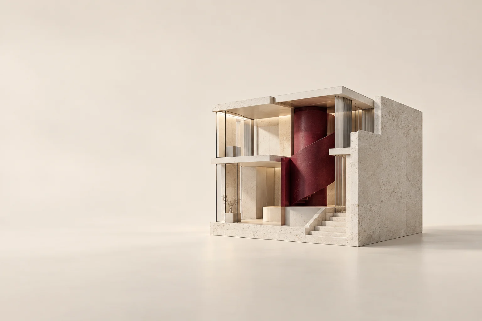 An open architectural model reveals glass floors and a burgundy internal wall.